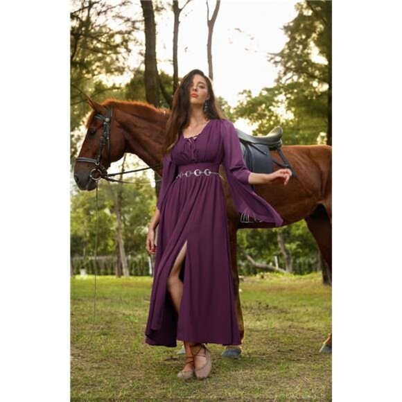 Women's Renaissance Dress Bell Sleeve Fairy Dress Split Maxi Dress with Pockets - Picture 4 of 7